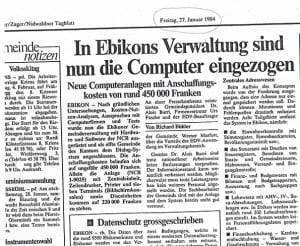 Der Zeitungsausschnitt vom Freitag, 27. Januar 1984, aus dem Luzerner Tagblatt beschreibt den Einzug der EDV auf der Ebikoner Verwaltung.
