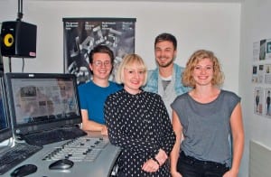 Das 3FACH-Leitungsteam mit Kilian Mutter (Musikredaktion), Angela Meier (Marketing), Samuel Konrad (Programmleitung) und Kim Schelbert (Geschäftsleitung).