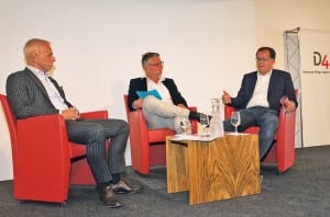 Illustre Talkrunde: (von links) FCL-Präsident Ruedi Stäger, Moderator Stefan Bucher und FDP-Nationalrat Peter Schilliger. Bild apimedia