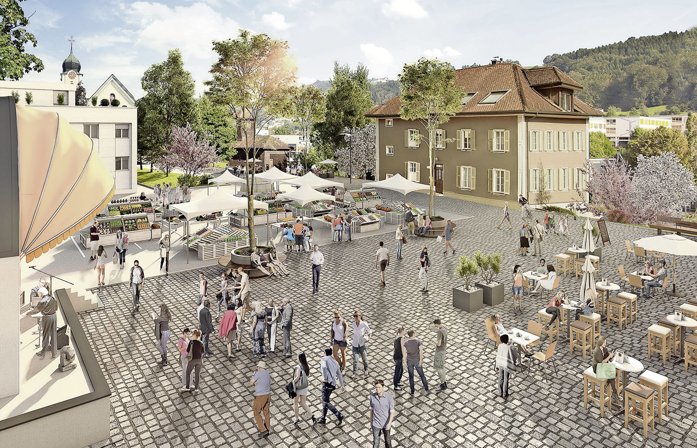 Die Ebikoner möchten ihr Zentrum mit Begegnungsorten und einem attraktiven Gastro- sowie Detailhandelsangebot stärken. So könnte der Platz zwischen Kirche und «Löwen» dereinst aussehen und genutzt werden.