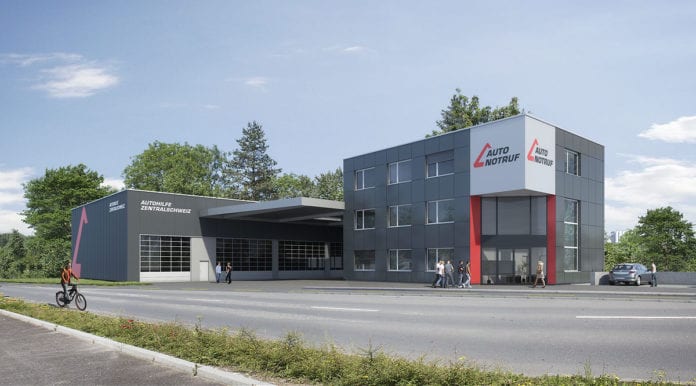 Eine Visualisierung des neuen Kompetenzzentrums für Unfall- und Pannenhilfe in Emmen. Bild zVg.